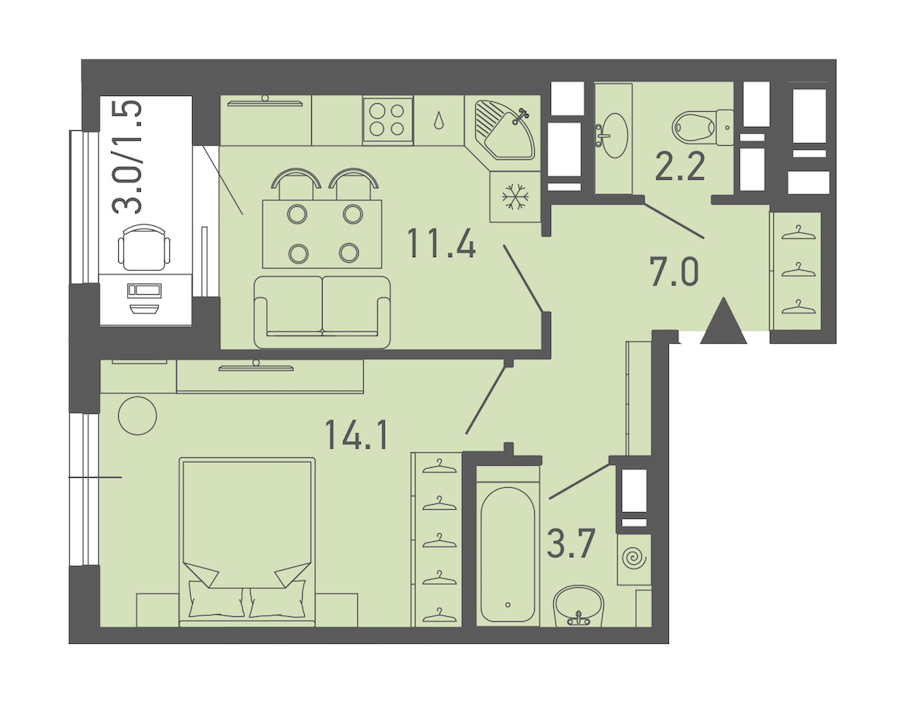 1-комнатная квартира 39.9 м², 5/14 эт., ЖК «ГАЛАКТИКА»
