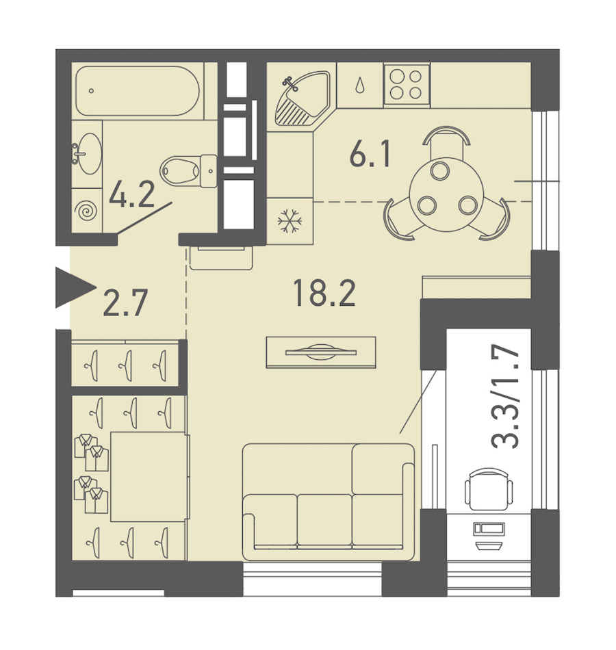 Квартира студия 32.9 м², 7/14 эт., ЖК «ГАЛАКТИКА»