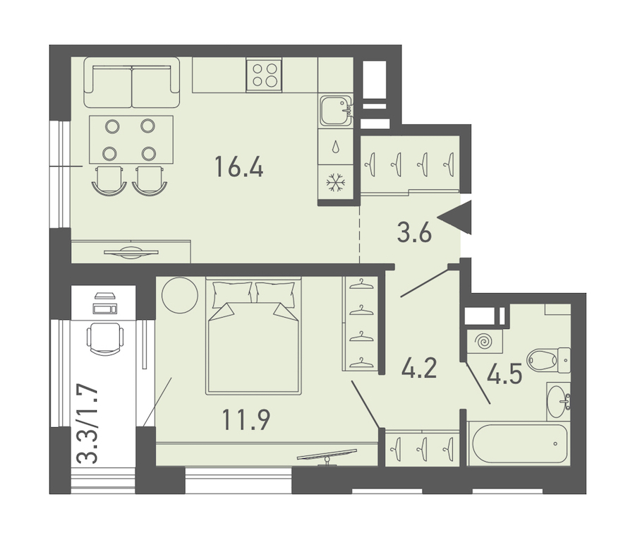 1-комнатная квартира 42.4 м², 6/14 эт., ЖК «ГАЛАКТИКА»
