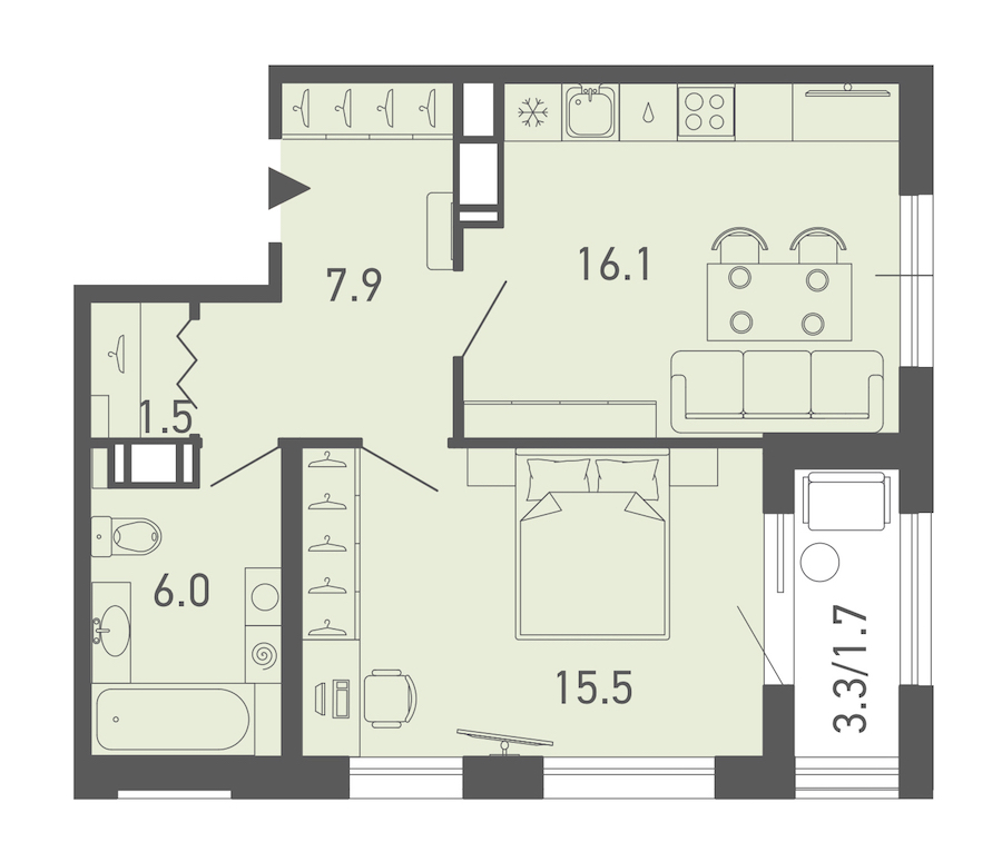 1-комнатная квартира 48.7 м², 7/8 эт., ЖК «ГАЛАКТИКА»