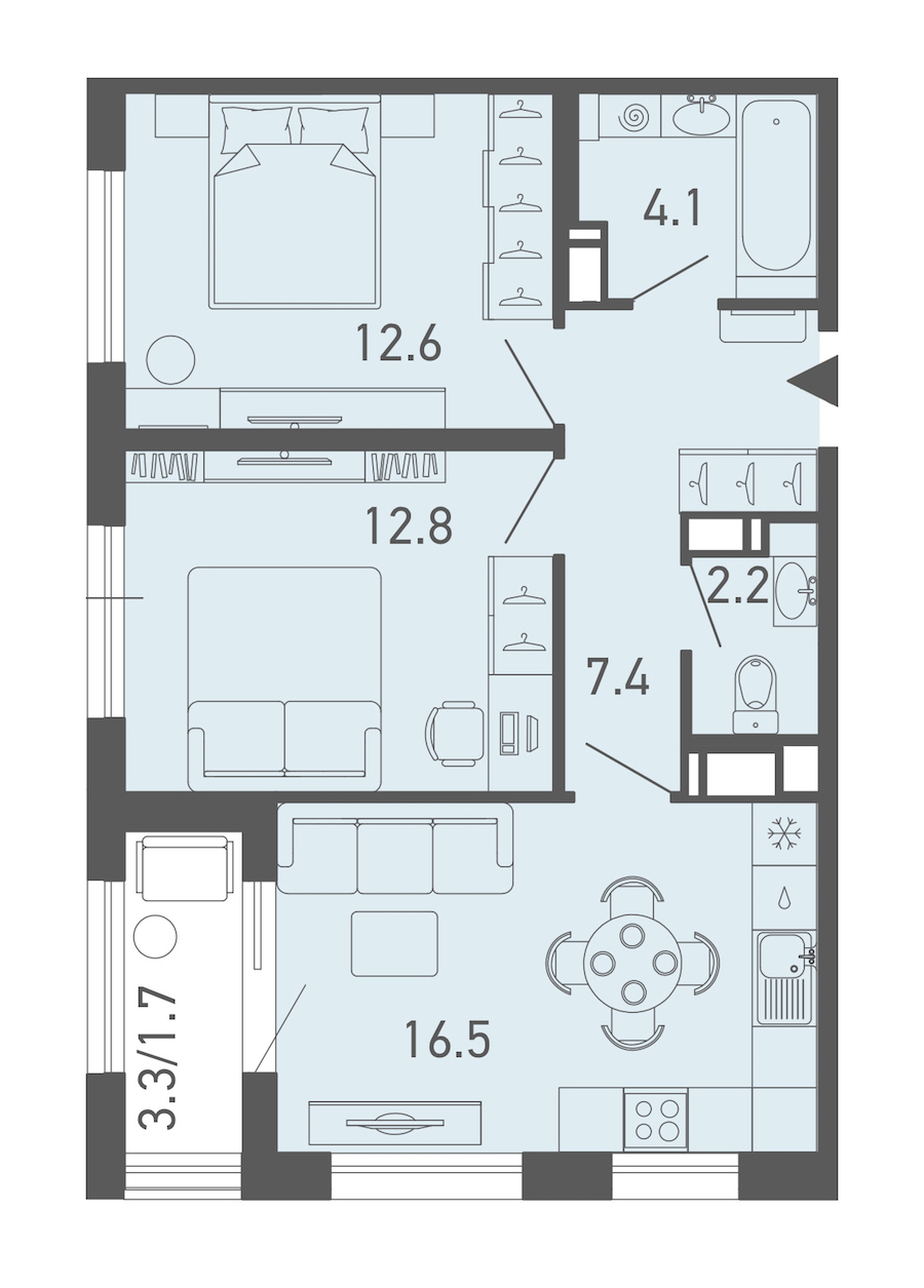 2-комнатная квартира 57.2 м², 7/8 эт., ЖК «ГАЛАКТИКА»