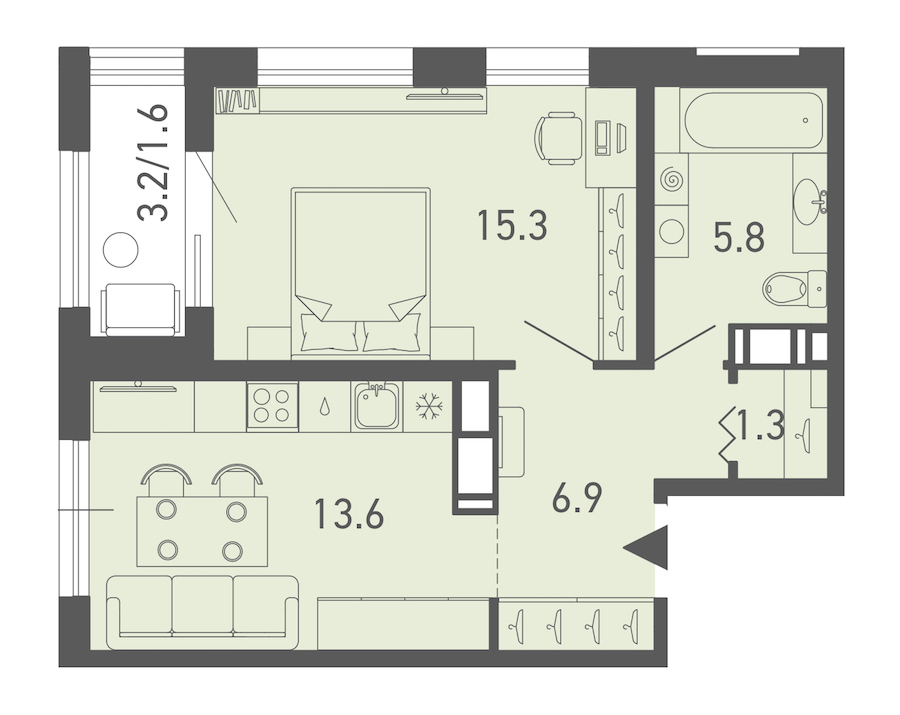 1-комнатная квартира 44.5 м², 7/8 эт., ЖК «ГАЛАКТИКА»
