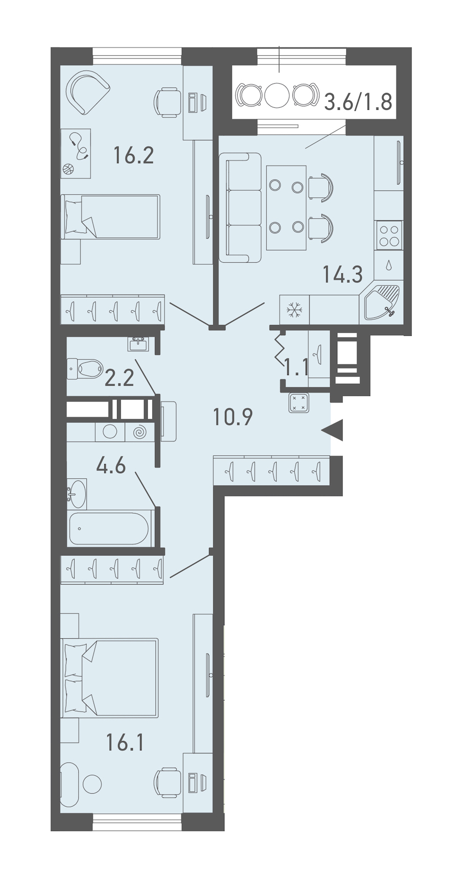 2-комнатная квартира 67.2 м², 11/14 эт., ЖК «ГАЛАКТИКА»