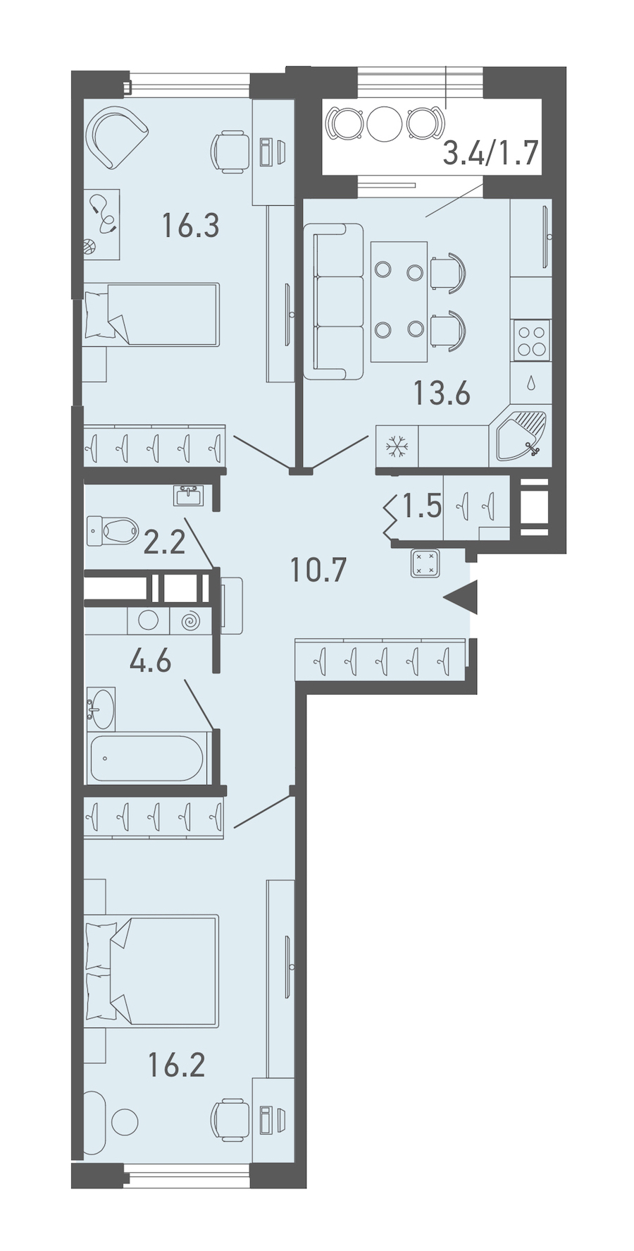 2-комнатная квартира 66.8 м², 14/14 эт., ЖК «ГАЛАКТИКА»