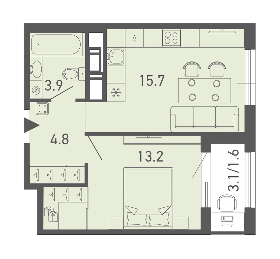 1-комнатная квартира 38.9 м², 13/14 эт., ЖК «ГАЛАКТИКА»