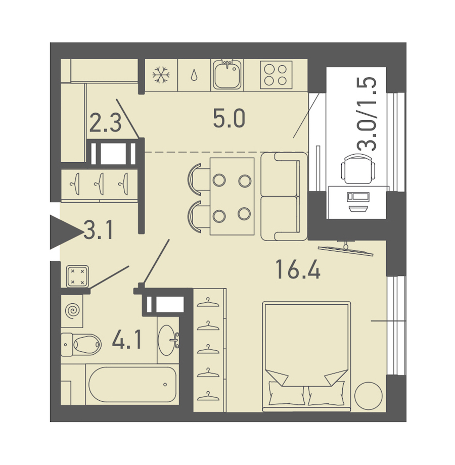 Квартира студия 32.6 м², 7/14 эт., ЖК «ГАЛАКТИКА»