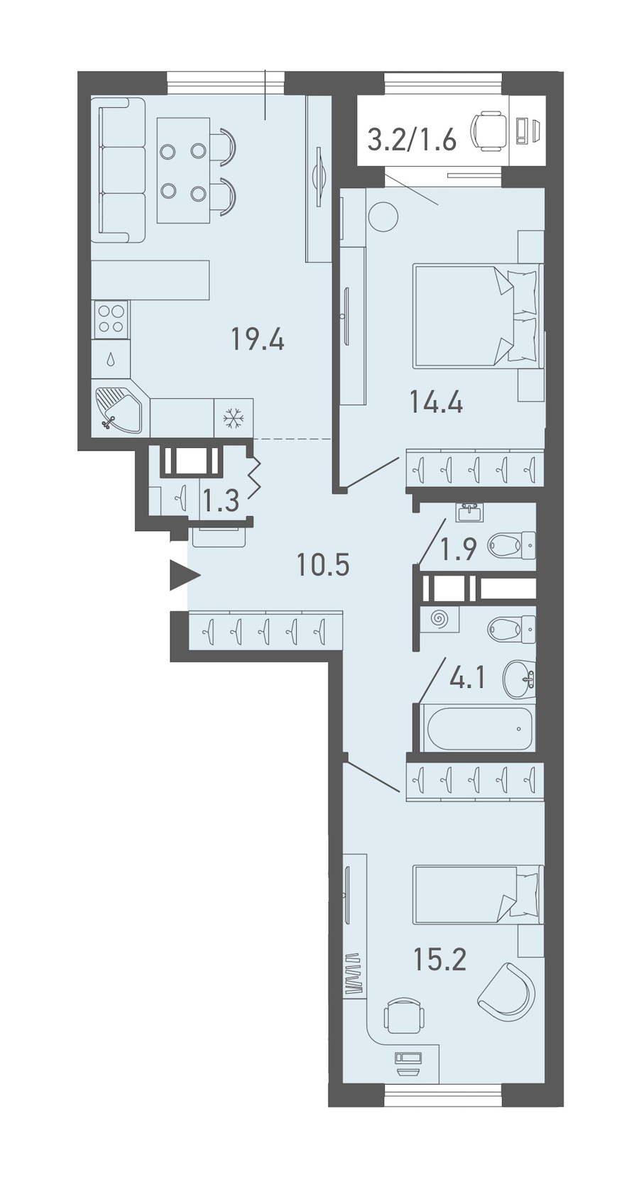 2-комнатная квартира 68.2 м², 11/14 эт., ЖК «ГАЛАКТИКА»