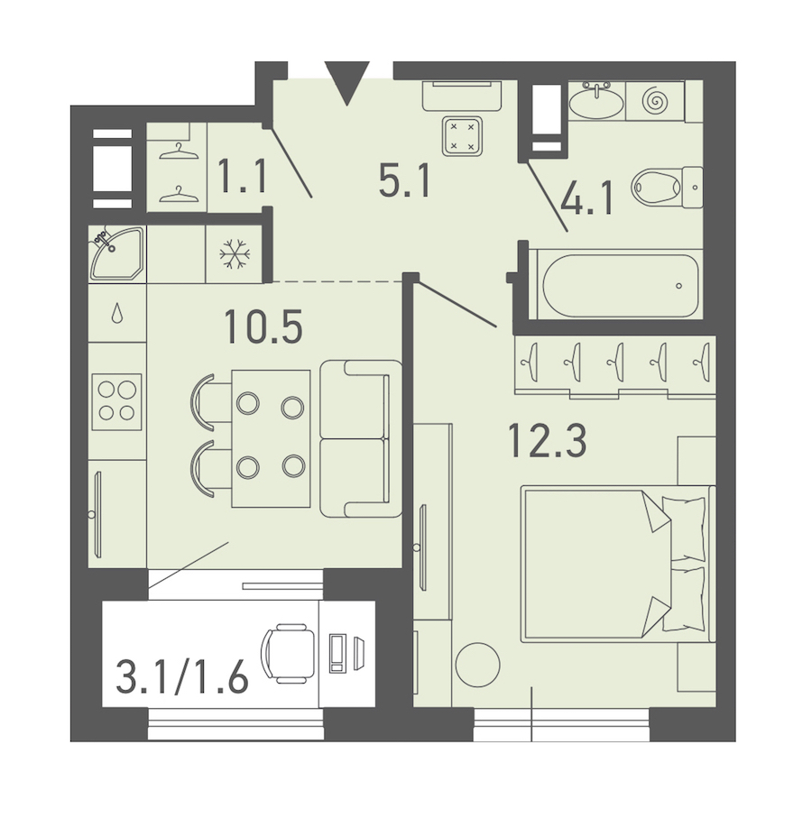 1-комнатная квартира 34.7 м², 9/14 эт., ЖК «ГАЛАКТИКА»