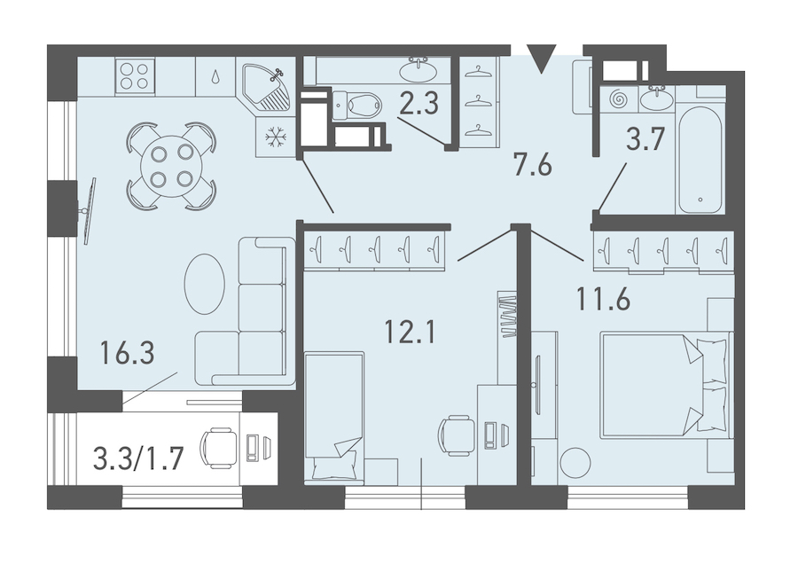 2-комнатная квартира 55.3 м², 6/14 эт., ЖК «ГАЛАКТИКА»