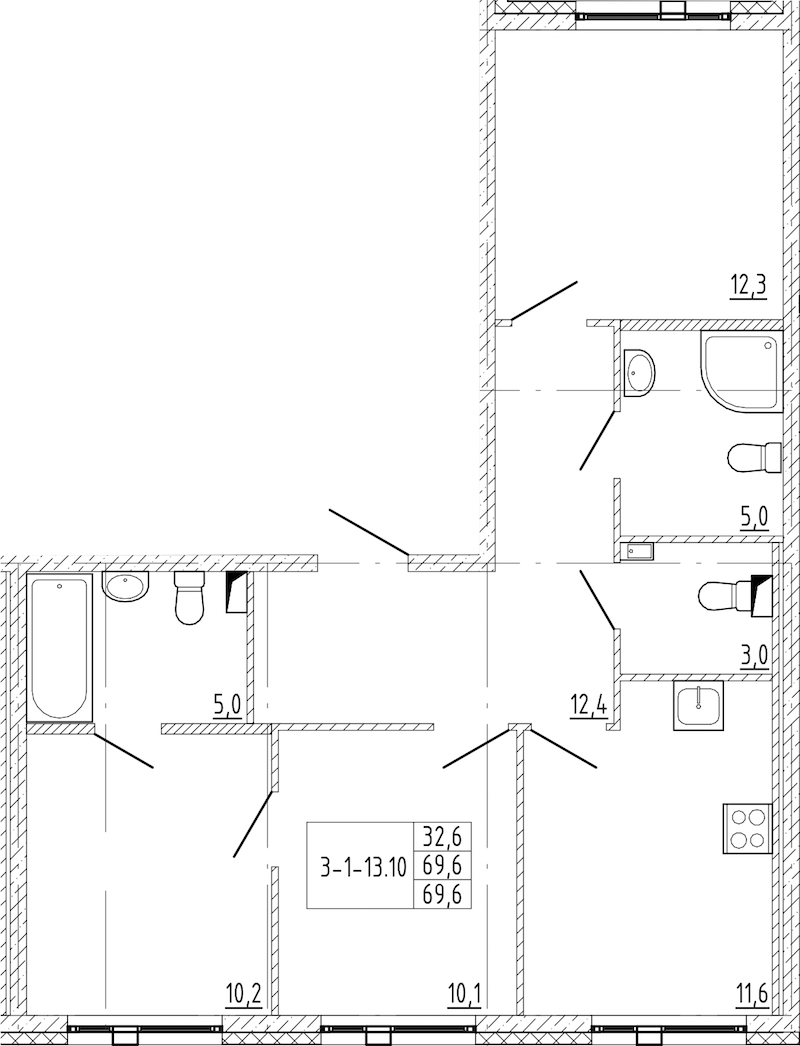 3-комнатная квартира 69.6 м², 2/12 эт., ЖК «Монография»