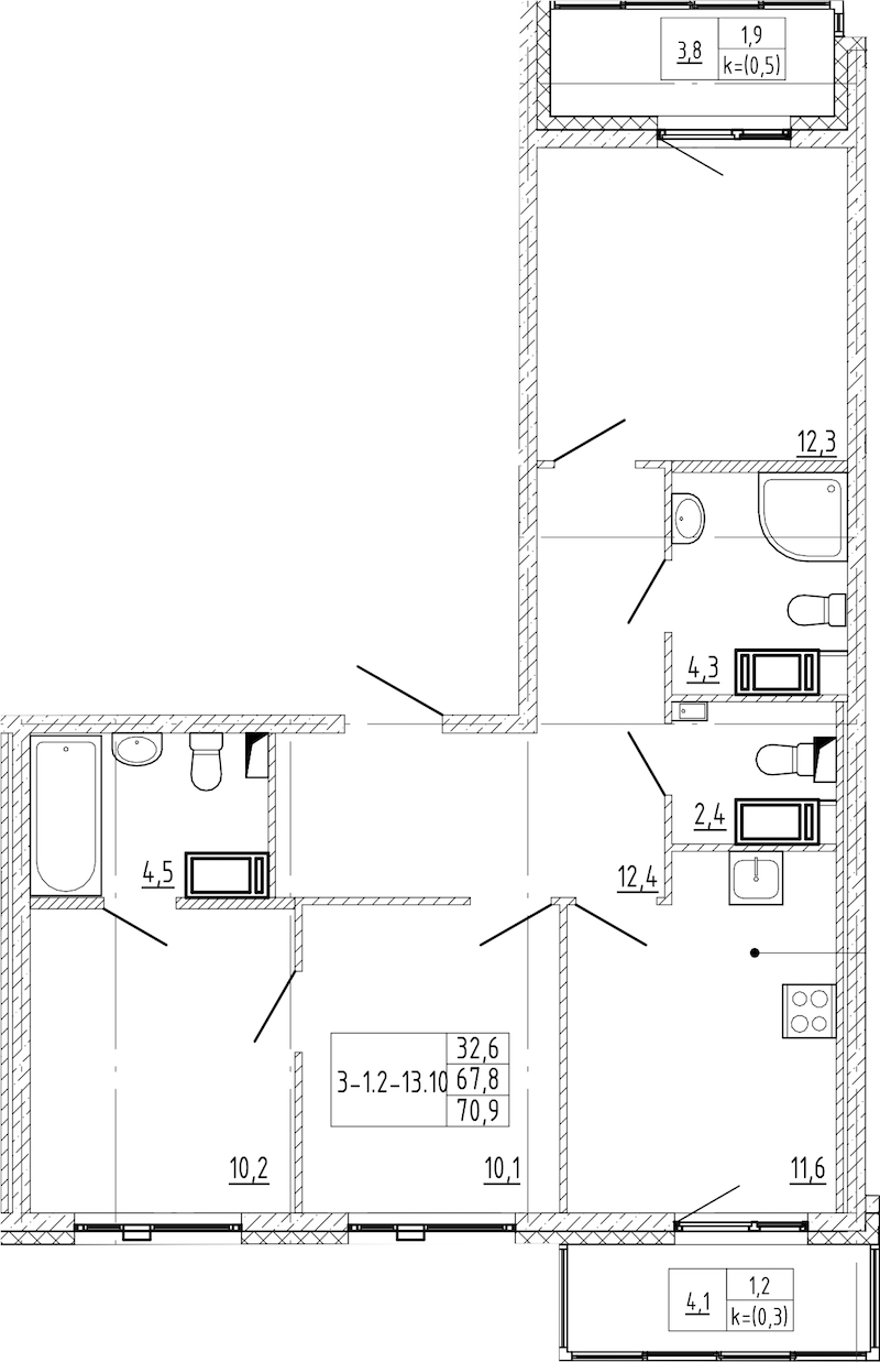 3-комнатная квартира 70.9 м², 6/12 эт., ЖК «Монография»