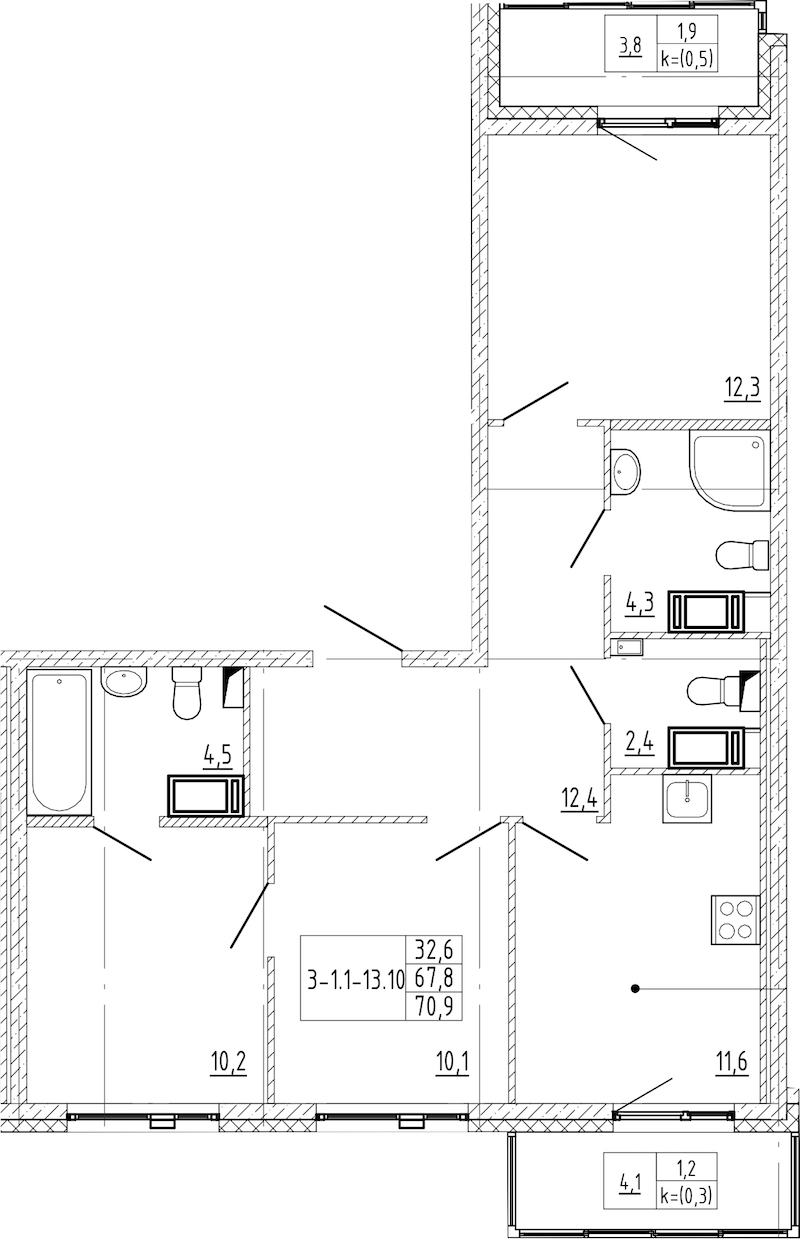 3-комнатная квартира 70.9 м², 7/12 эт., ЖК «Монография»