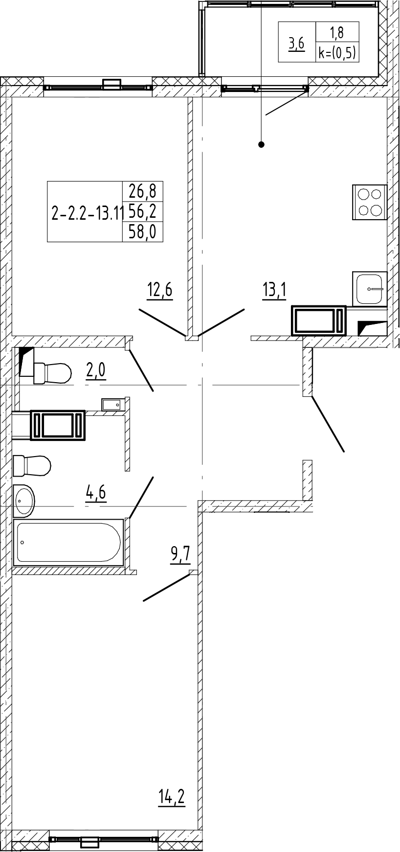 2-комнатная квартира 58 м², 8/12 эт., ЖК «Монография»