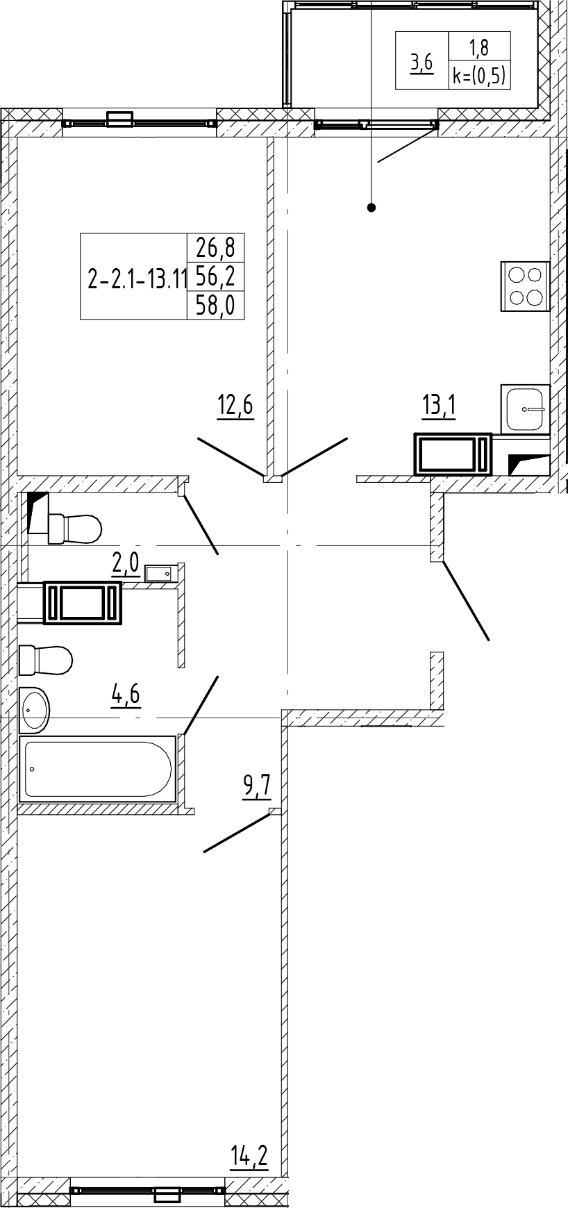 2-комнатная квартира 58 м², 9/12 эт., ЖК «Монография»