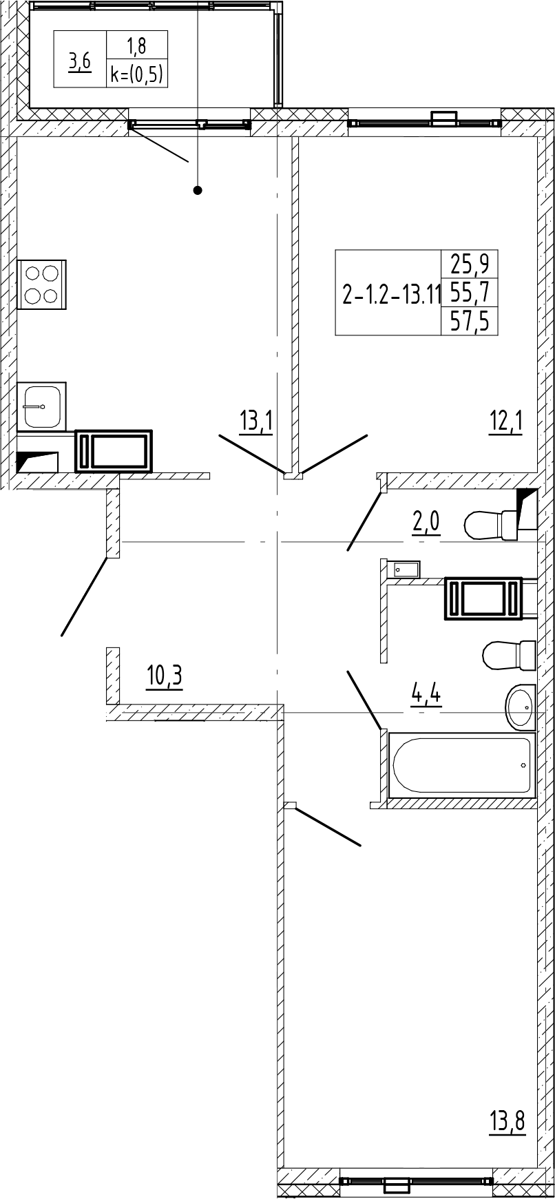 2-комнатная квартира 57.5 м², 10/12 эт., ЖК «Монография»