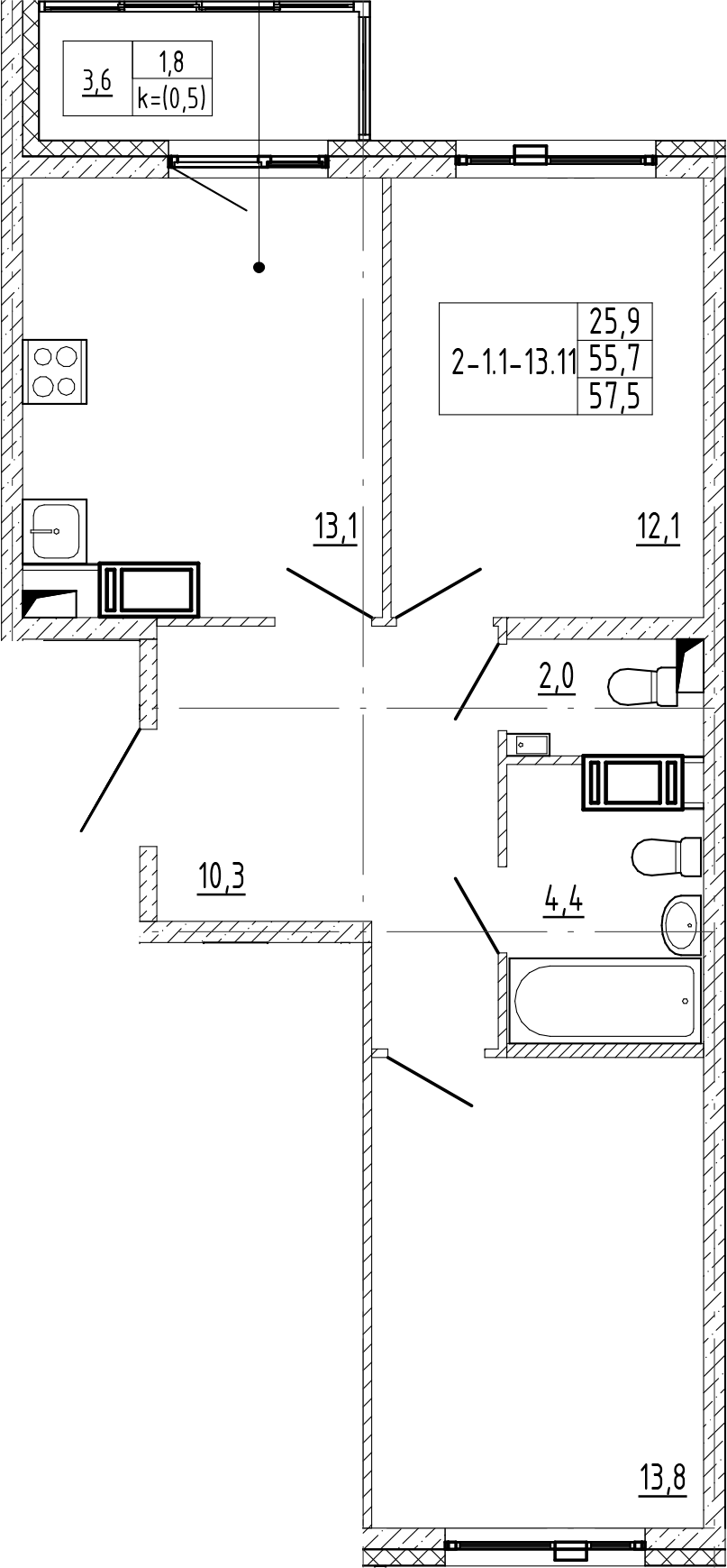 2-комнатная квартира 57.5 м², 11/12 эт., ЖК «Монография»
