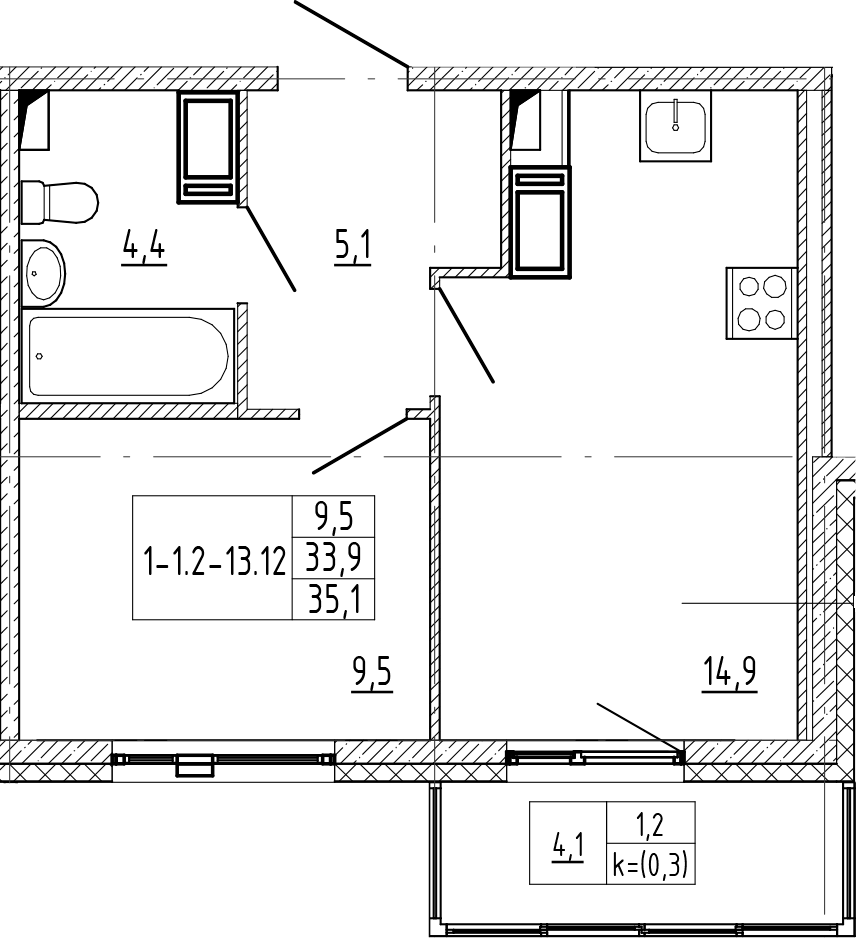 1-комнатная квартира 35.1 м², 6/12 эт., ЖК «Монография»