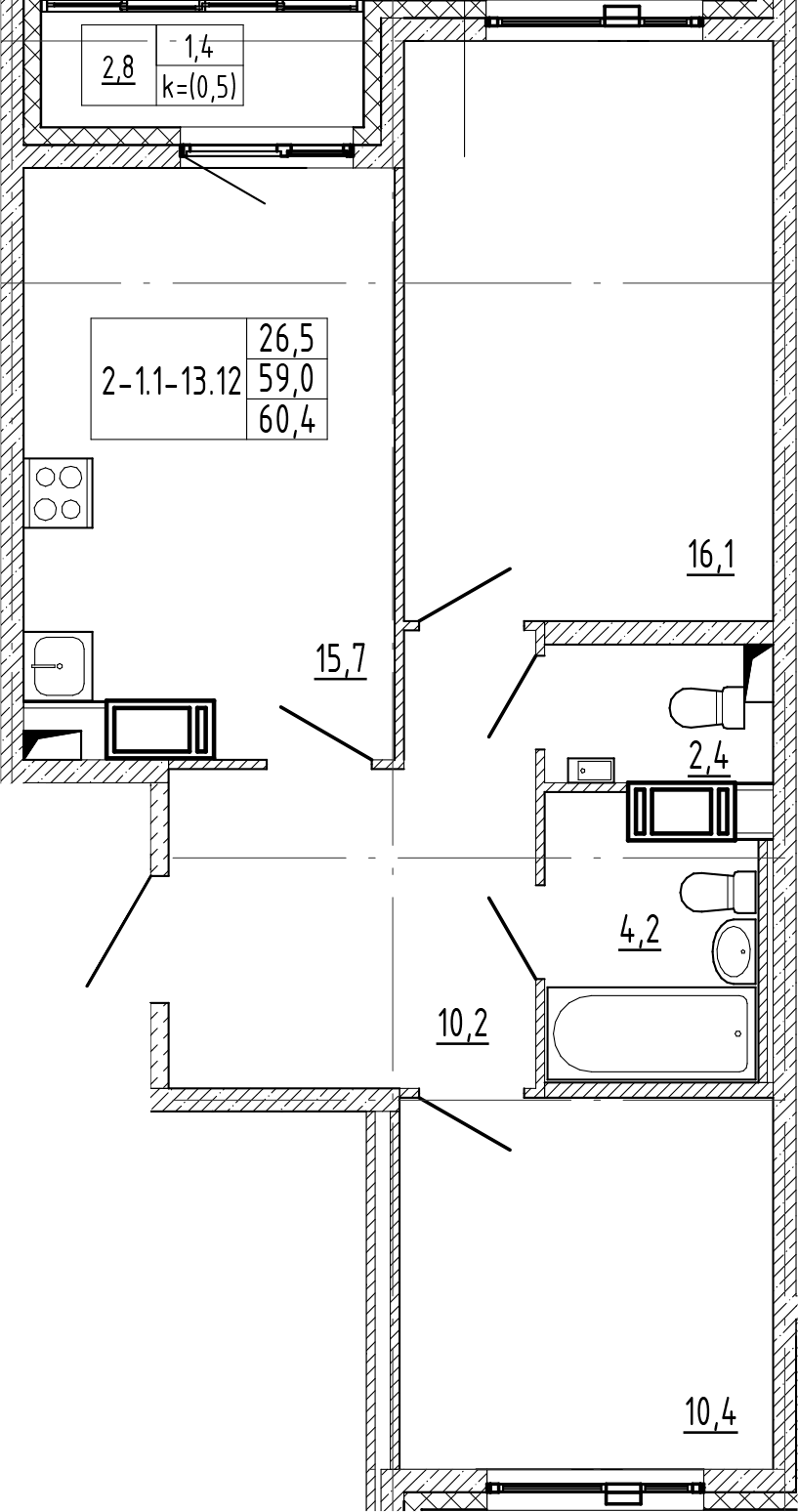 2-комнатная квартира 60.4 м², 11/12 эт., ЖК «Монография»