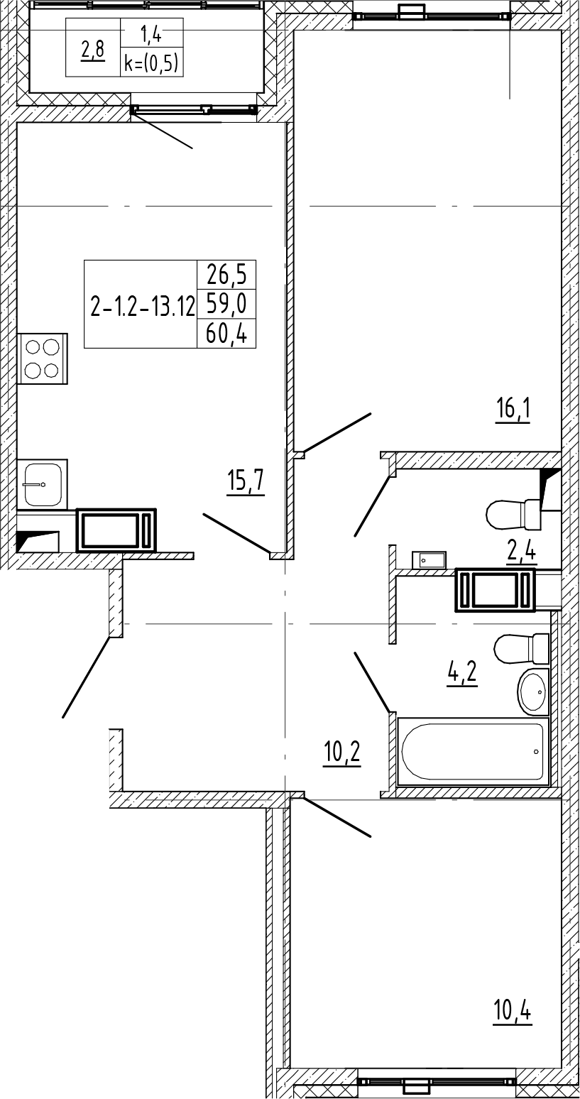 2-комнатная квартира 60.4 м², 12/12 эт., ЖК «Монография»