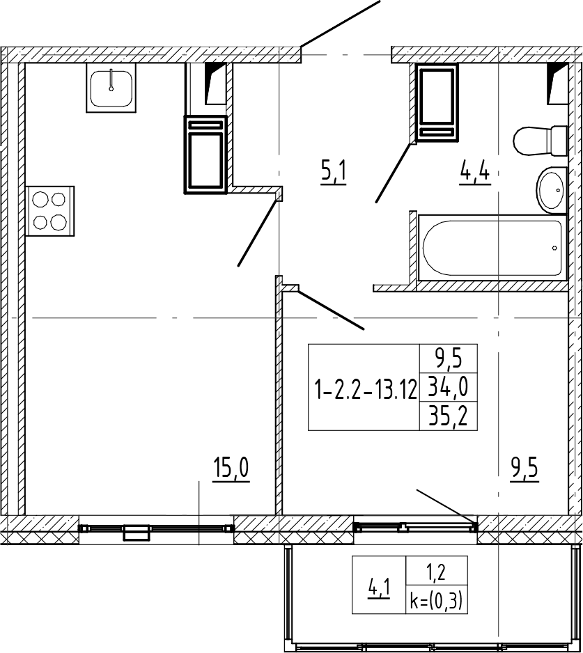 1-комнатная квартира 35.2 м², 12/12 эт., ЖК «Монография»