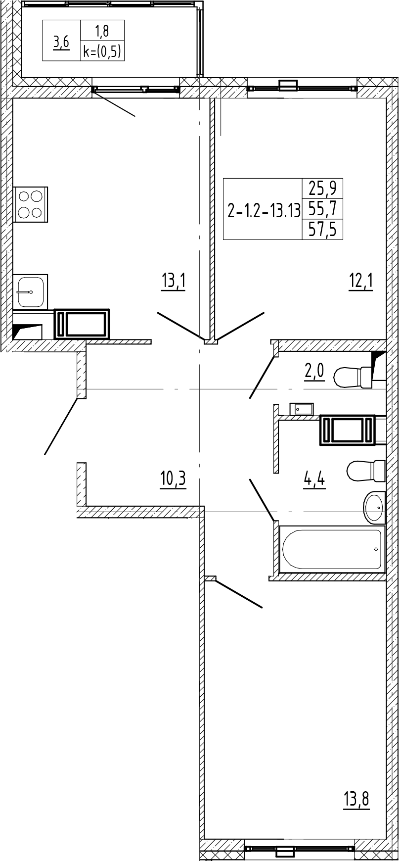 2-комнатная квартира 57.5 м², 6/12 эт., ЖК «Монография»