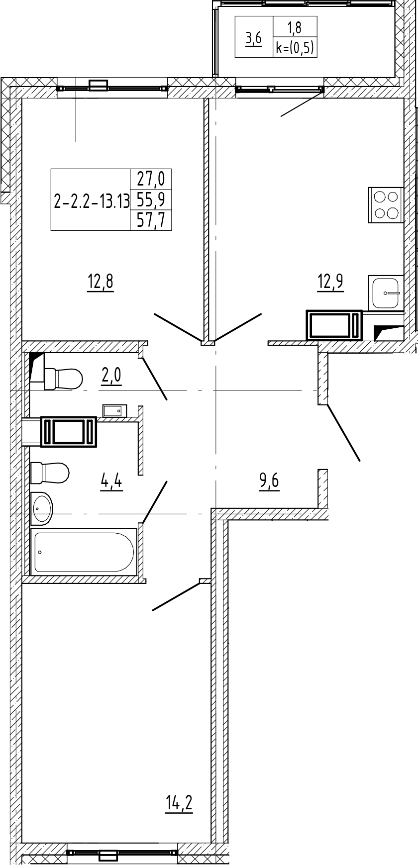 2-комнатная квартира 57.7 м², 6/12 эт., ЖК «Монография»