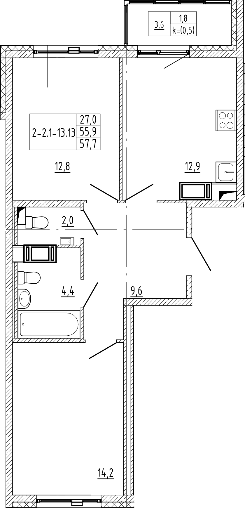 2-комнатная квартира 57.7 м², 9/12 эт., ЖК «Монография»