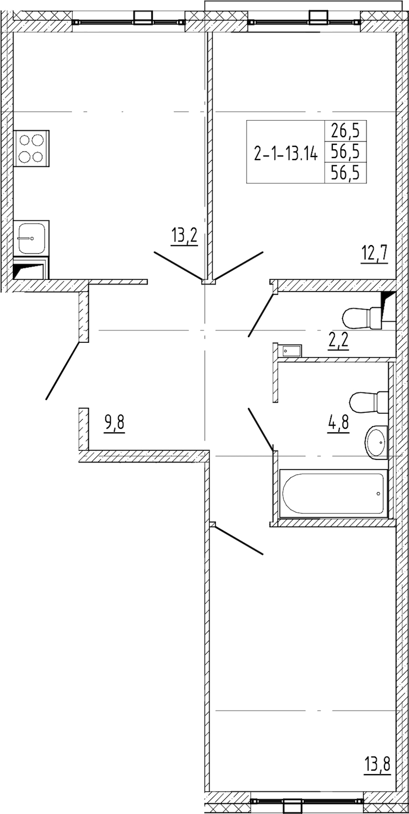 2-комнатная квартира 56.5 м², 2/12 эт., ЖК «Монография»