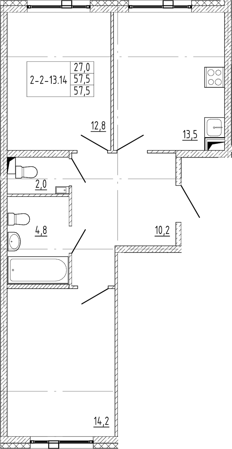 2-комнатная квартира 57.5 м², 2/12 эт., ЖК «Монография»
