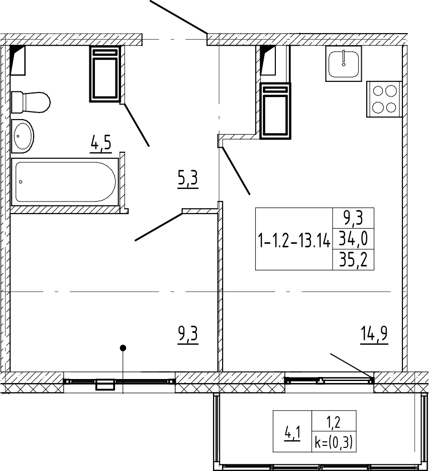 1-комнатная квартира 35.2 м², 5/12 эт., ЖК «Монография»