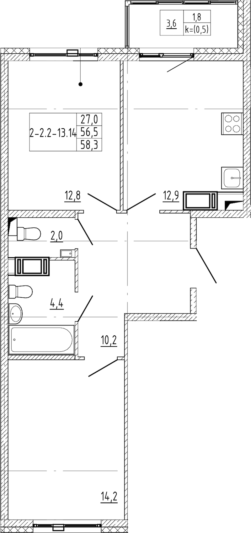 2-комнатная квартира 58.3 м², 10/12 эт., ЖК «Монография»