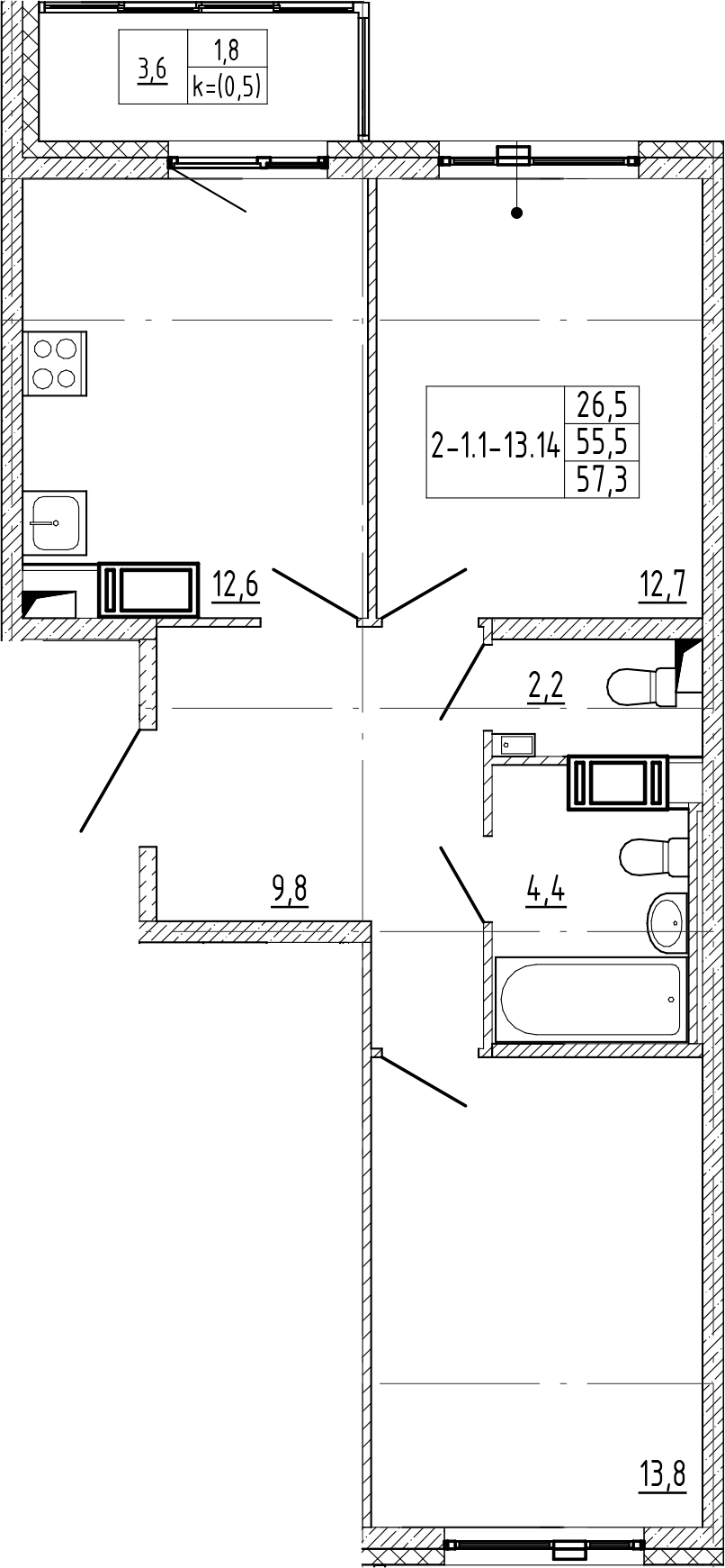 2-комнатная квартира 57.3 м², 11/12 эт., ЖК «Монография»