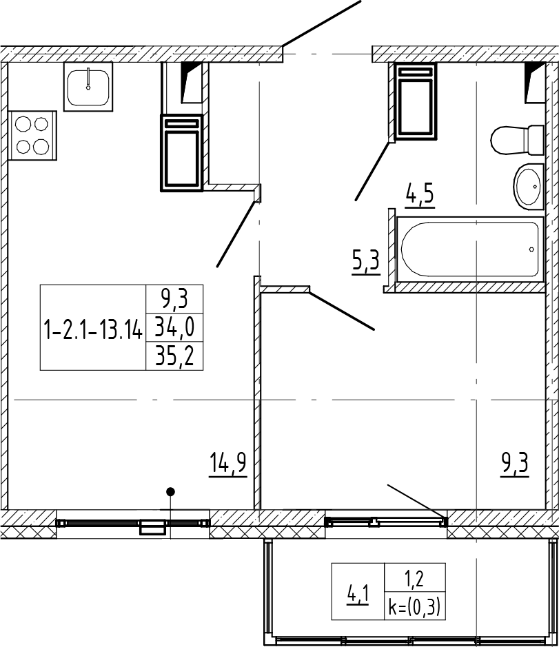 1-комнатная квартира 35.2 м², 11/12 эт., ЖК «Монография»