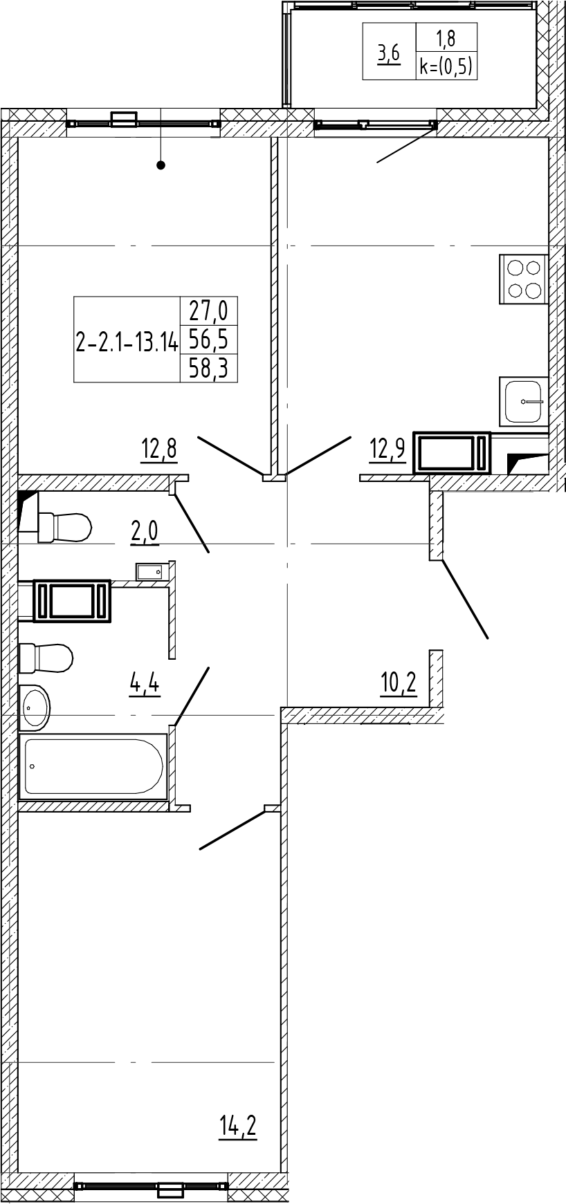 2-комнатная квартира 58.3 м², 11/12 эт., ЖК «Монография»