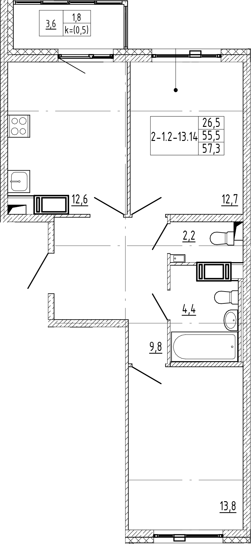 2-комнатная квартира 57.3 м², 12/12 эт., ЖК «Монография»