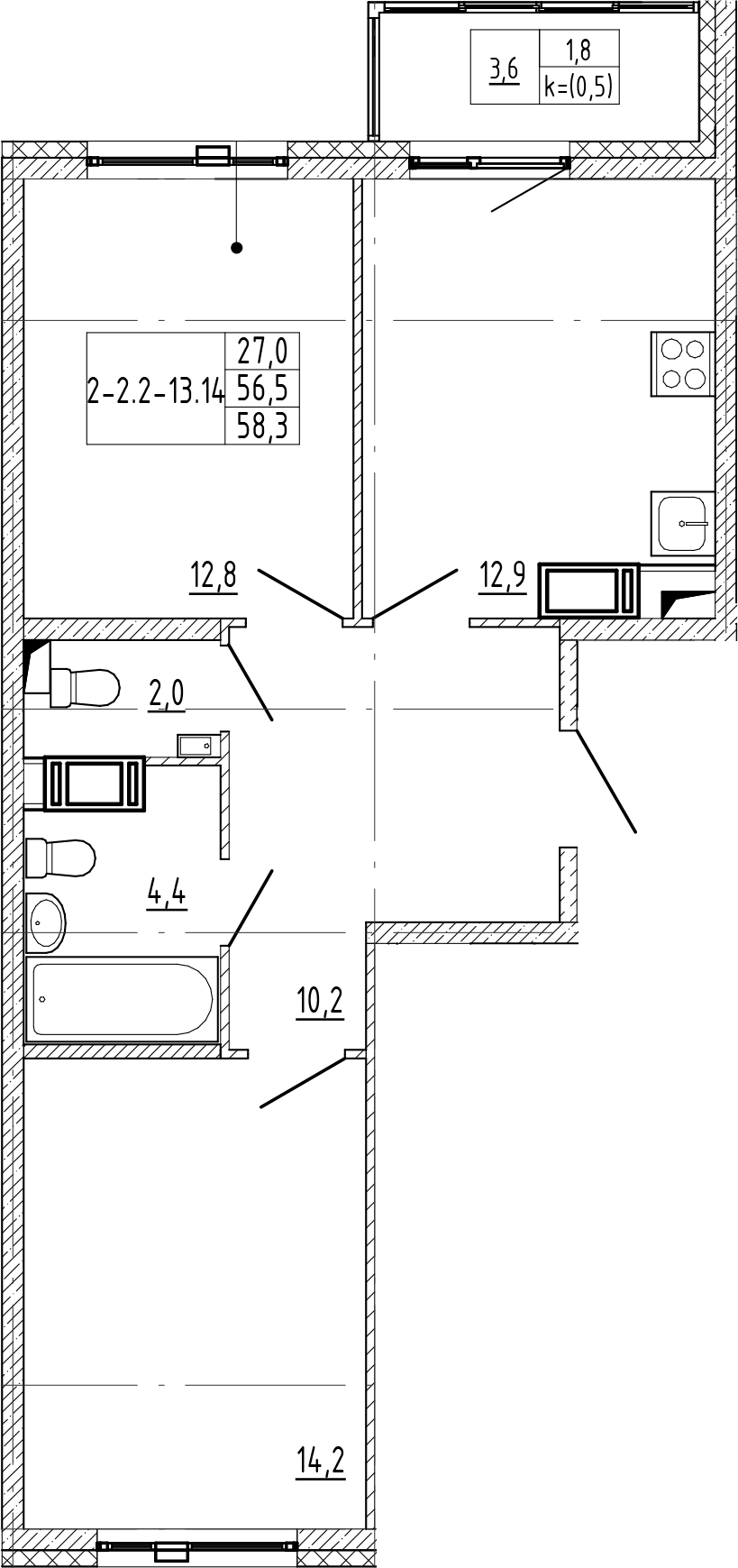 2-комнатная квартира 58.3 м², 12/12 эт., ЖК «Монография»