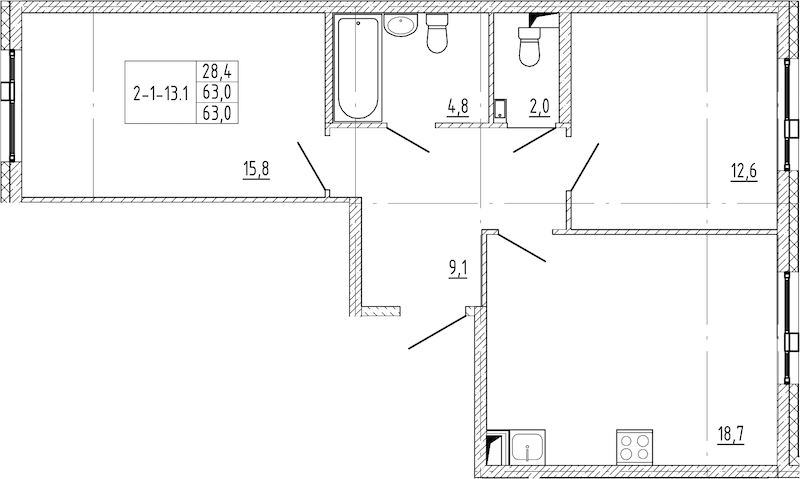 2-комнатная квартира 63 м², 2/12 эт., ЖК «Монография»