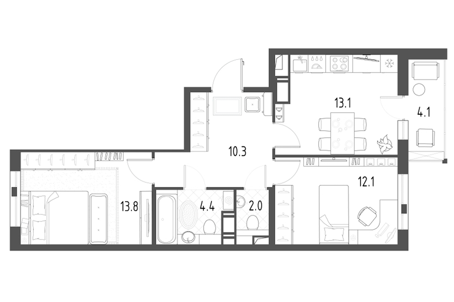 2-комнатная квартира 57.8 м², 6/12 эт., ЖК «Монография»