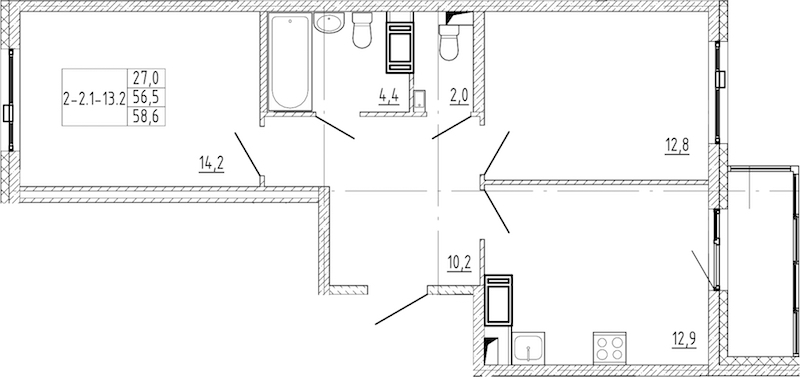 2-комнатная квартира 58.6 м², 9/12 эт., ЖК «Монография»