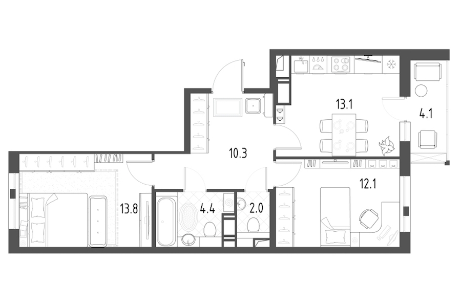 2-комнатная квартира 57.8 м², 10/12 эт., ЖК «Монография»