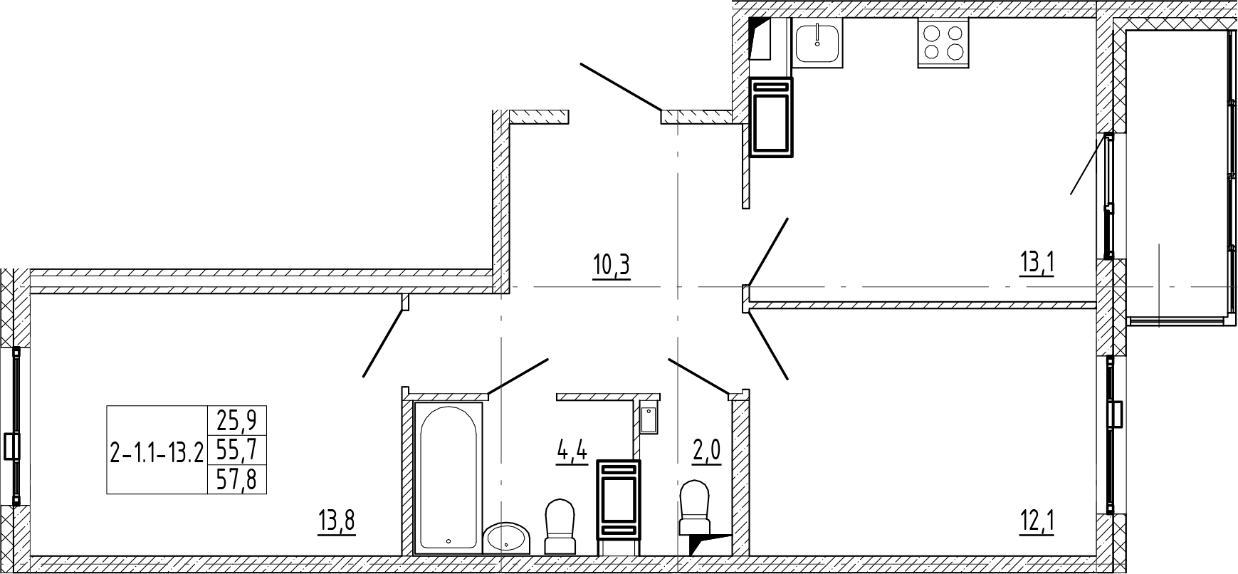 2-комнатная квартира 57.8 м², 11/12 эт., ЖК «Монография»