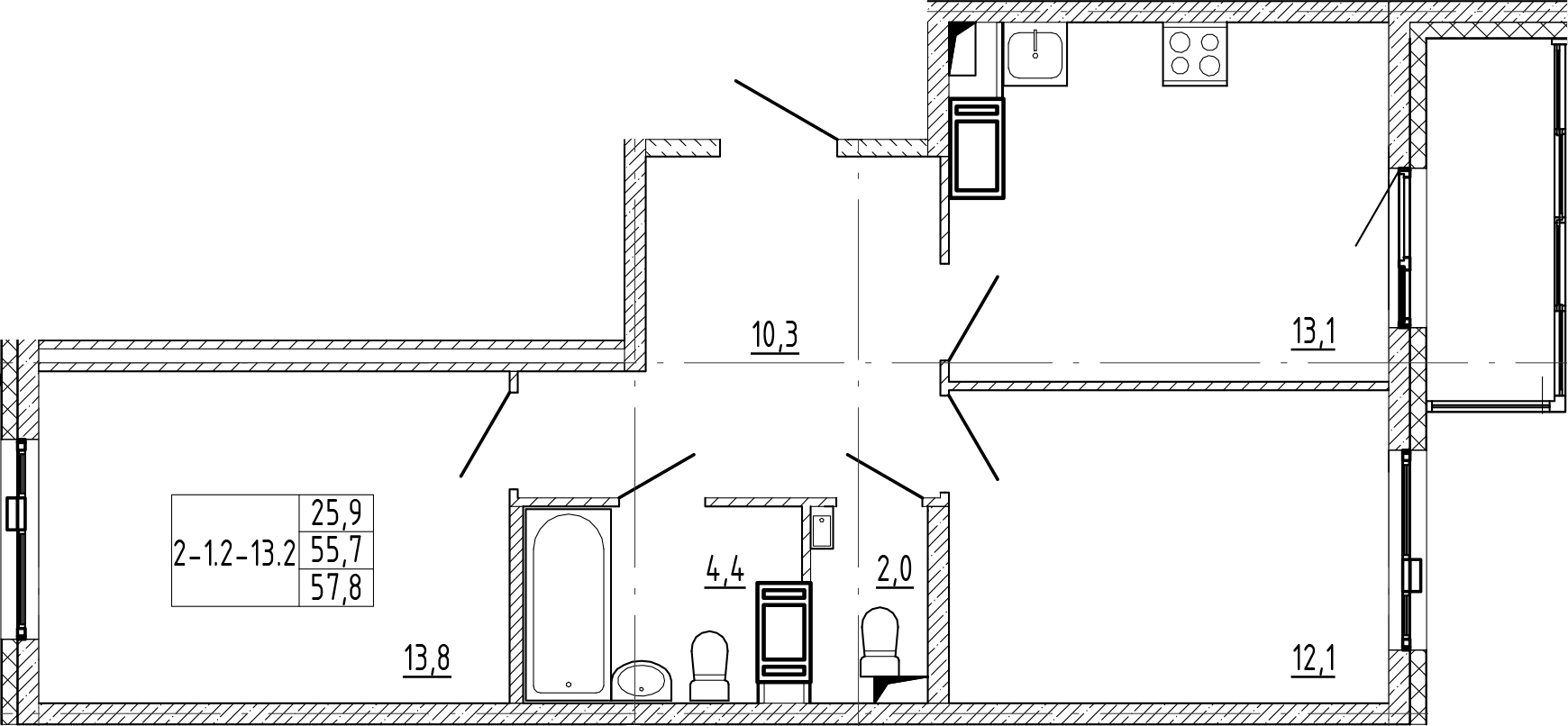 2-комнатная квартира 57.8 м², 12/12 эт., ЖК «Монография»