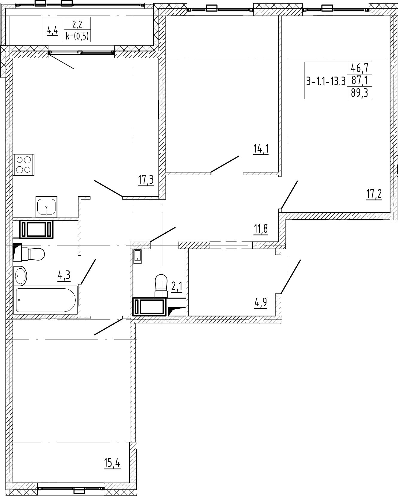 3-комнатная квартира 89.3 м², 5/12 эт., ЖК «Монография»