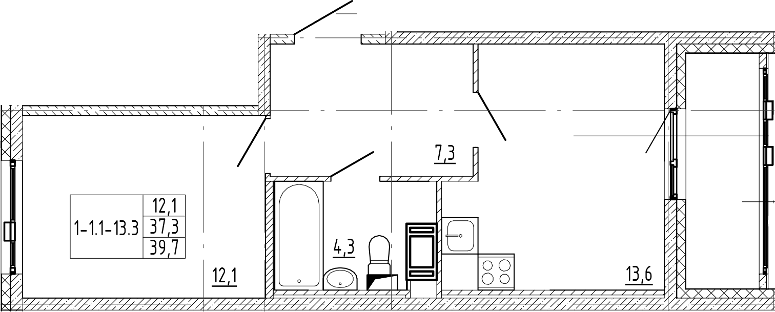 1-комнатная квартира 39.7 м², 7/12 эт., ЖК «Монография»