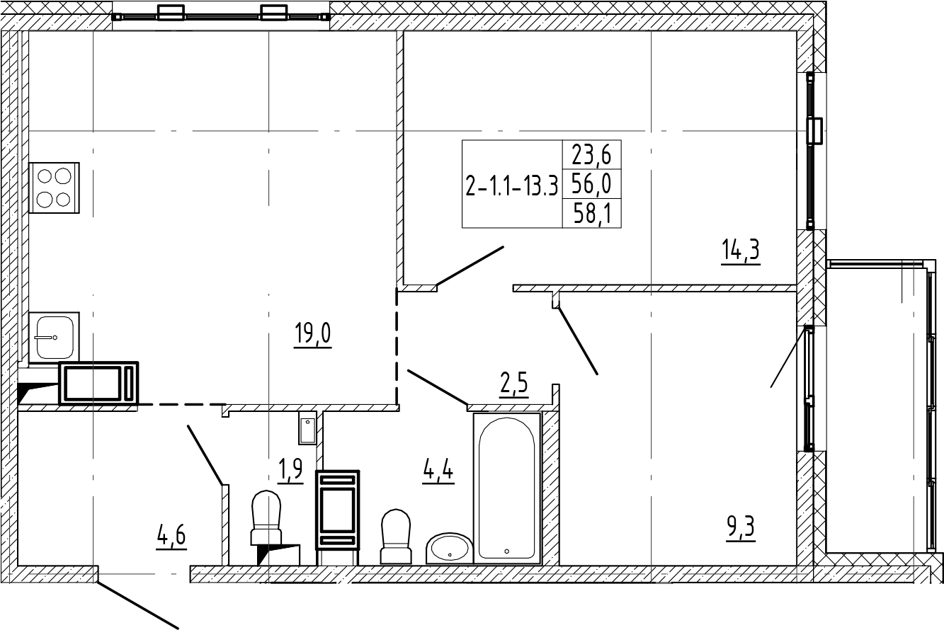 2-комнатная квартира 58.1 м², 11/12 эт., ЖК «Монография»