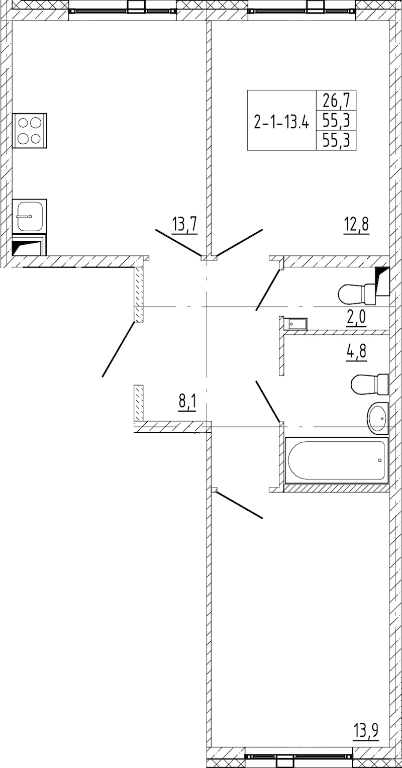 2-комнатная квартира 55.3 м², 2/12 эт., ЖК «Монография»