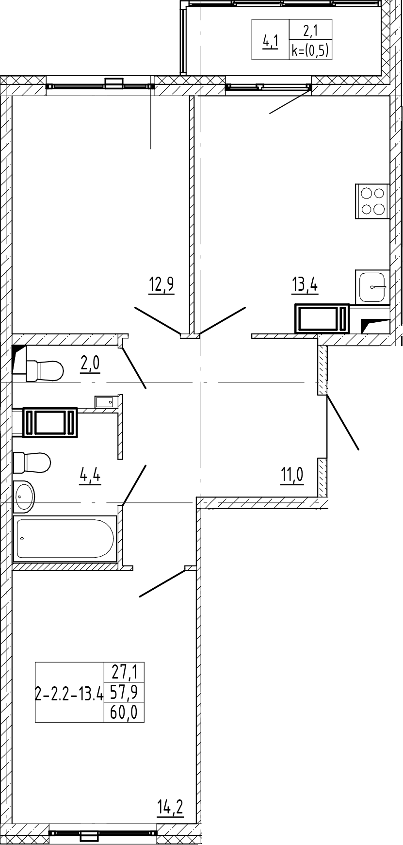 2-комнатная квартира 60 м², 10/12 эт., ЖК «Монография»