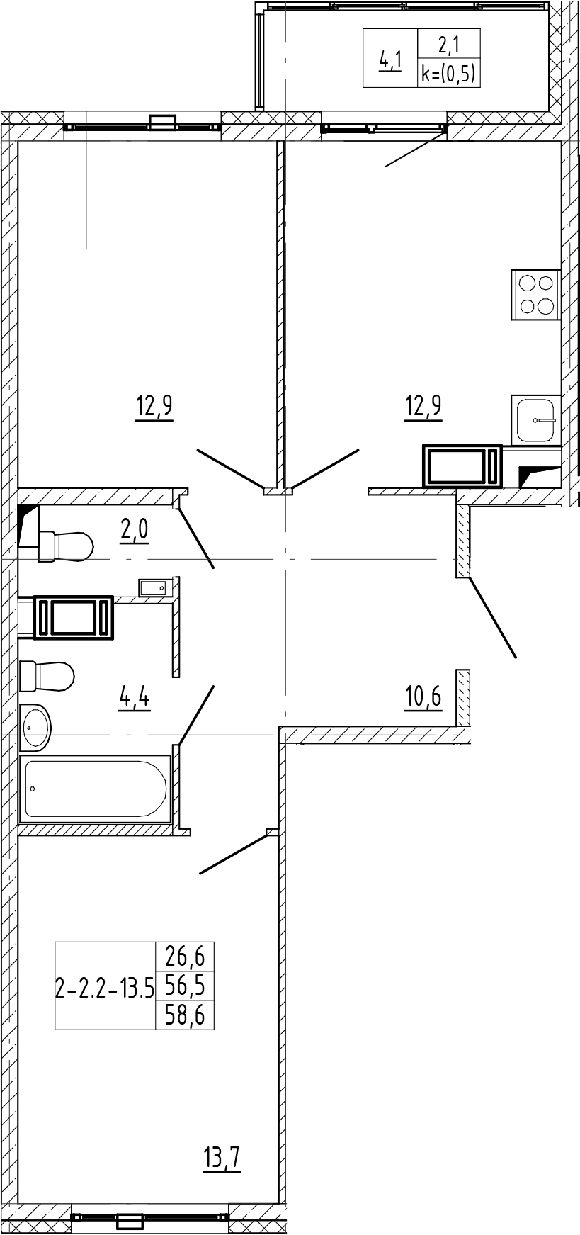 2-комнатная квартира 58.6 м², 12/12 эт., ЖК «Монография»
