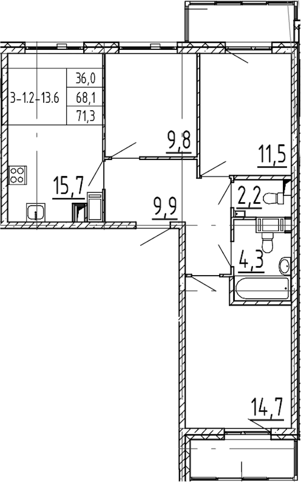 3-комнатная квартира 71.3 м², 10/12 эт., ЖК «Монография»