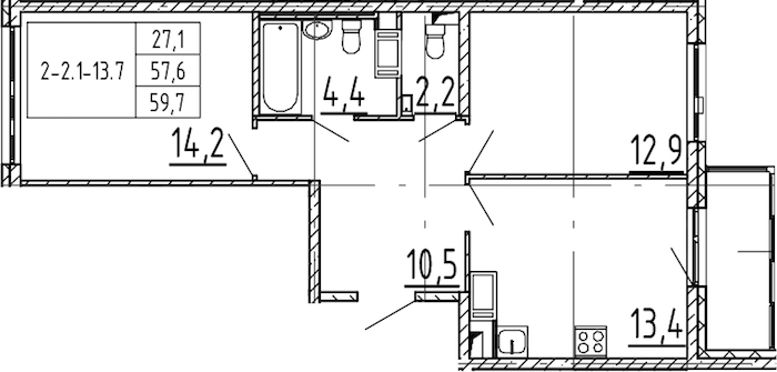 2-комнатная квартира 59.7 м², 3/12 эт., ЖК «Монография»